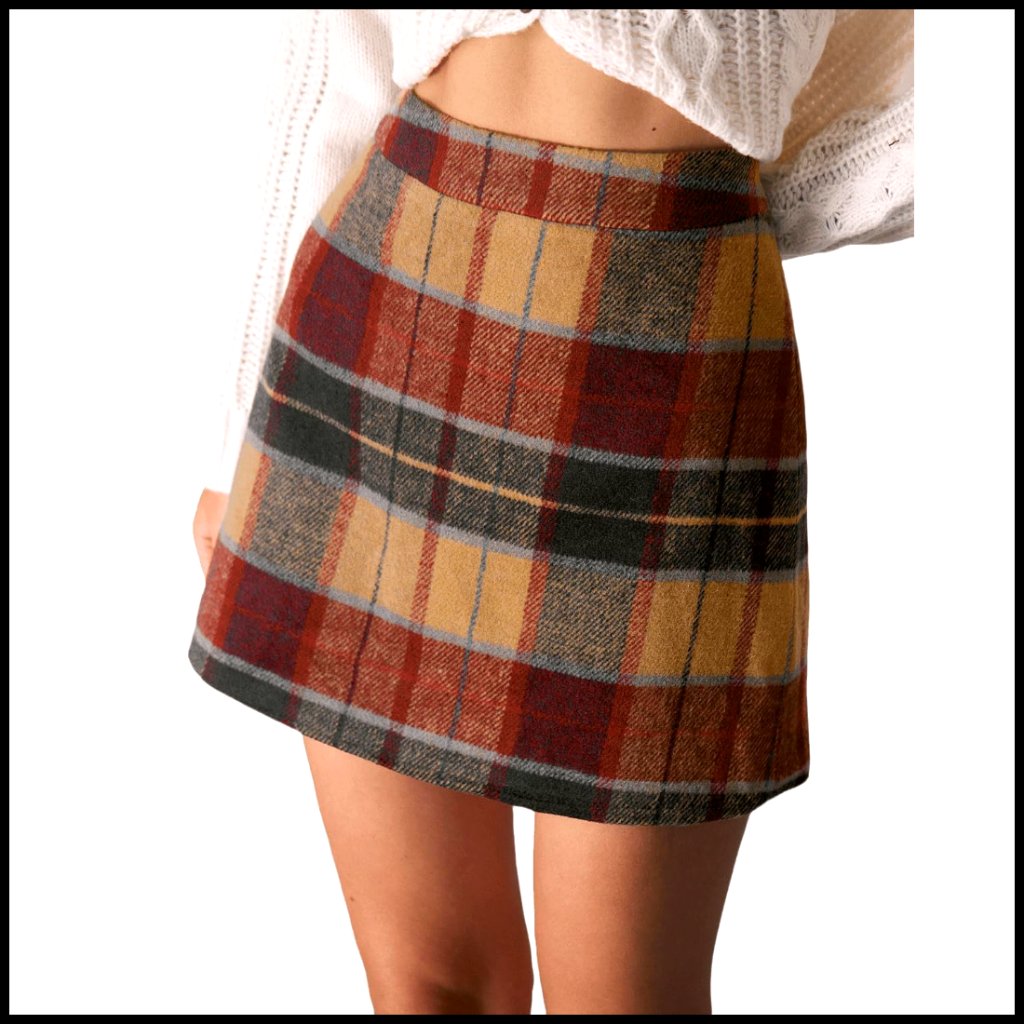 High Waist A-Line Mini Skirt, Plaid Pattern, Vintage Style, Wool Blend